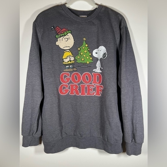 Peanuts Good Grief Christmas Snoopy Charlie Brown gray graphic sweatshirt sz L - Picture 1 of 7